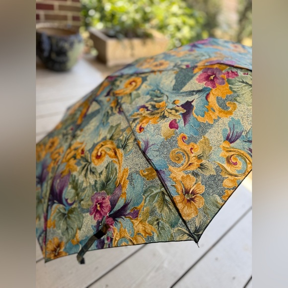 Valentino Garavani Floral Compact Umbrella in Teal Gold & Purple. Preowned